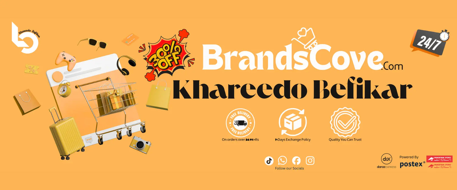 Promotional banner for BrandsCove with shopping cart, shopping bag, and various icons on an orange background.