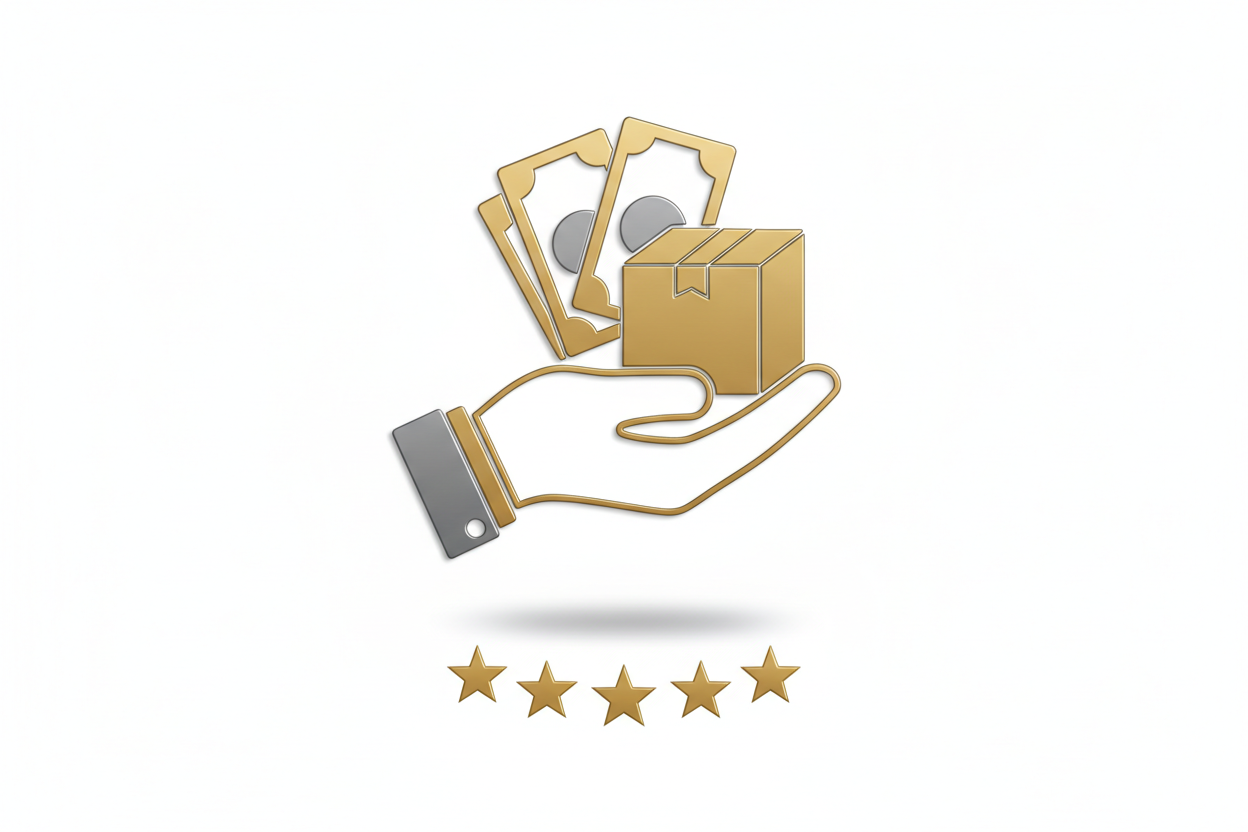 Hand holding cash + parcel box icon, star rating row (★★★★★), minimal premium aesthetic, clean white background, subtle grey shadows.