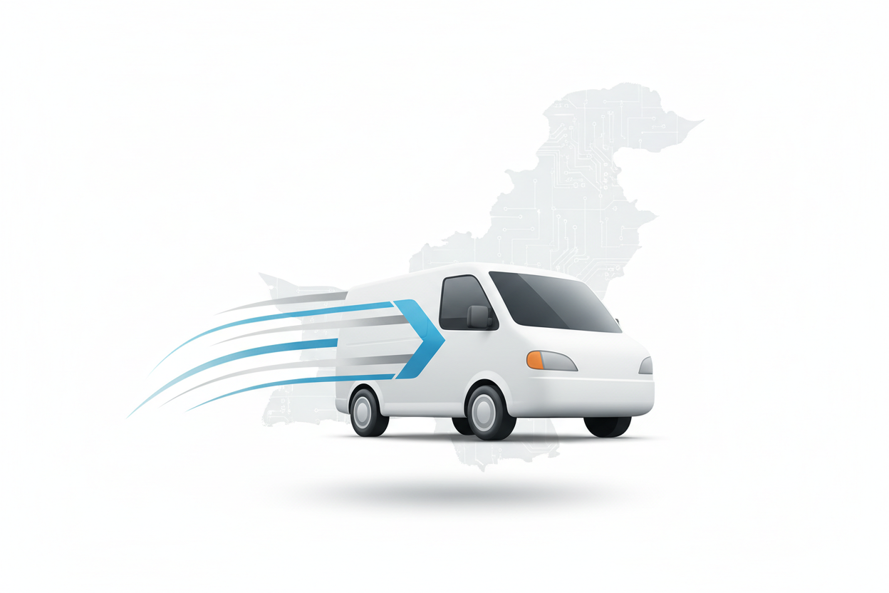 Minimal clean delivery van icon with speed lines on a white background, soft shadows, Pakistan map outline subtly behind, premium modern ecommerce style.”