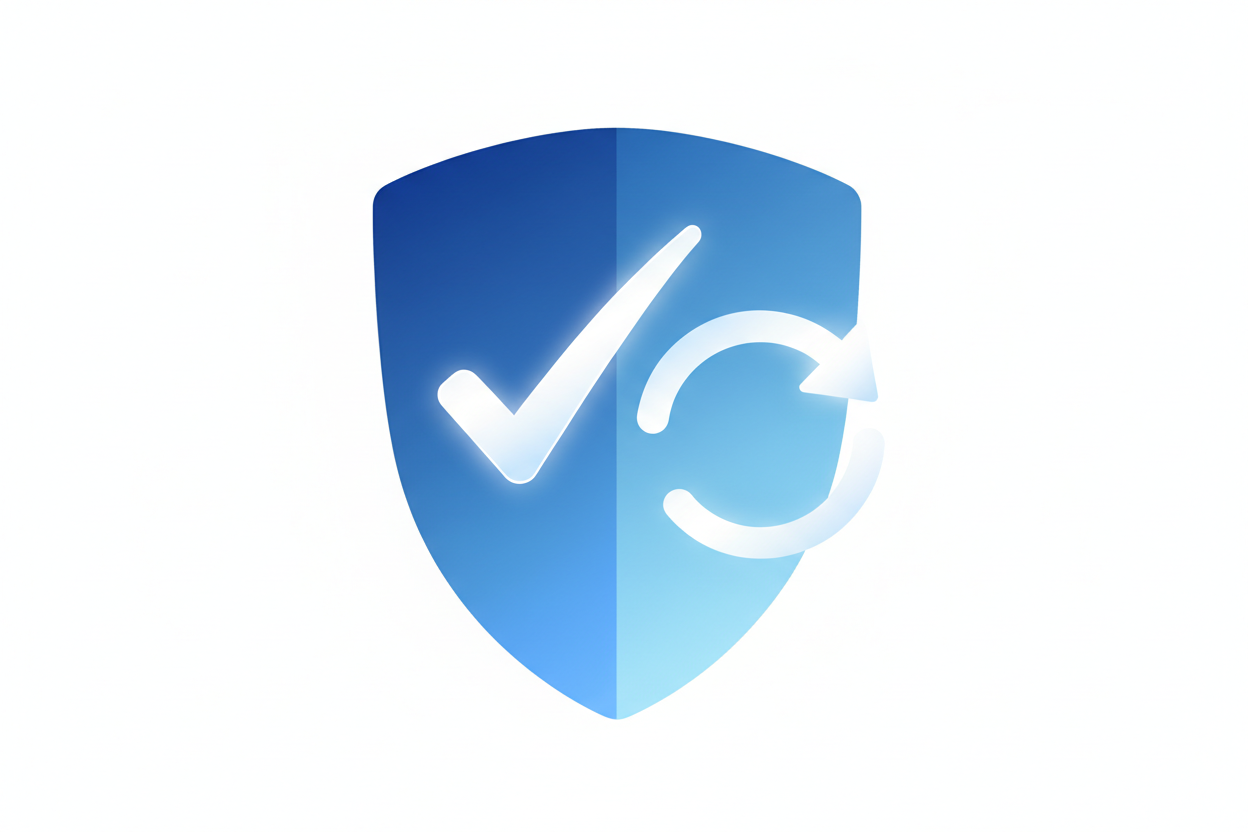 Modern shield icon with checkmark and circular return arrow, smooth gradients, soft edges, white background, trust and security feel, ecommerce badge style.